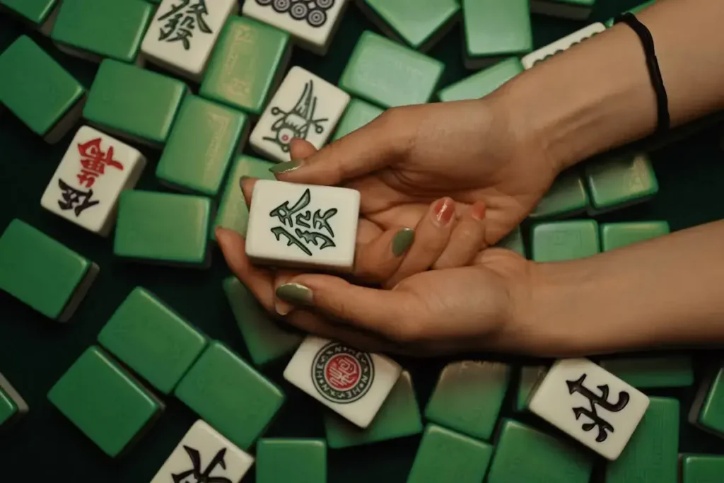 data mapping illustrated by mahjong blocks spread over the table, hands holding a revealed block, some blocks underneath are turned on their green backside